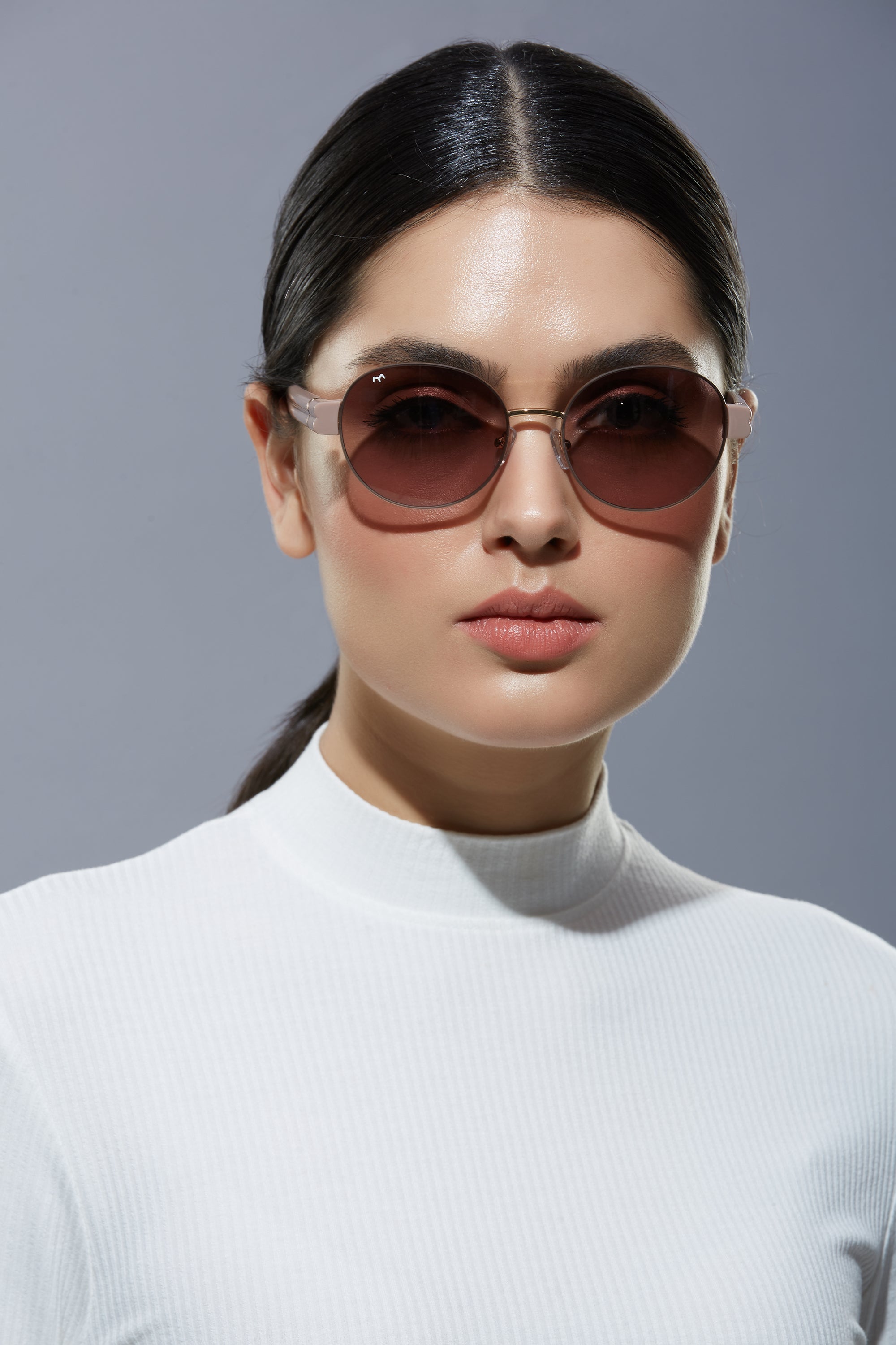 Ellipse - Grey Metal Oval Sunglasses For Women