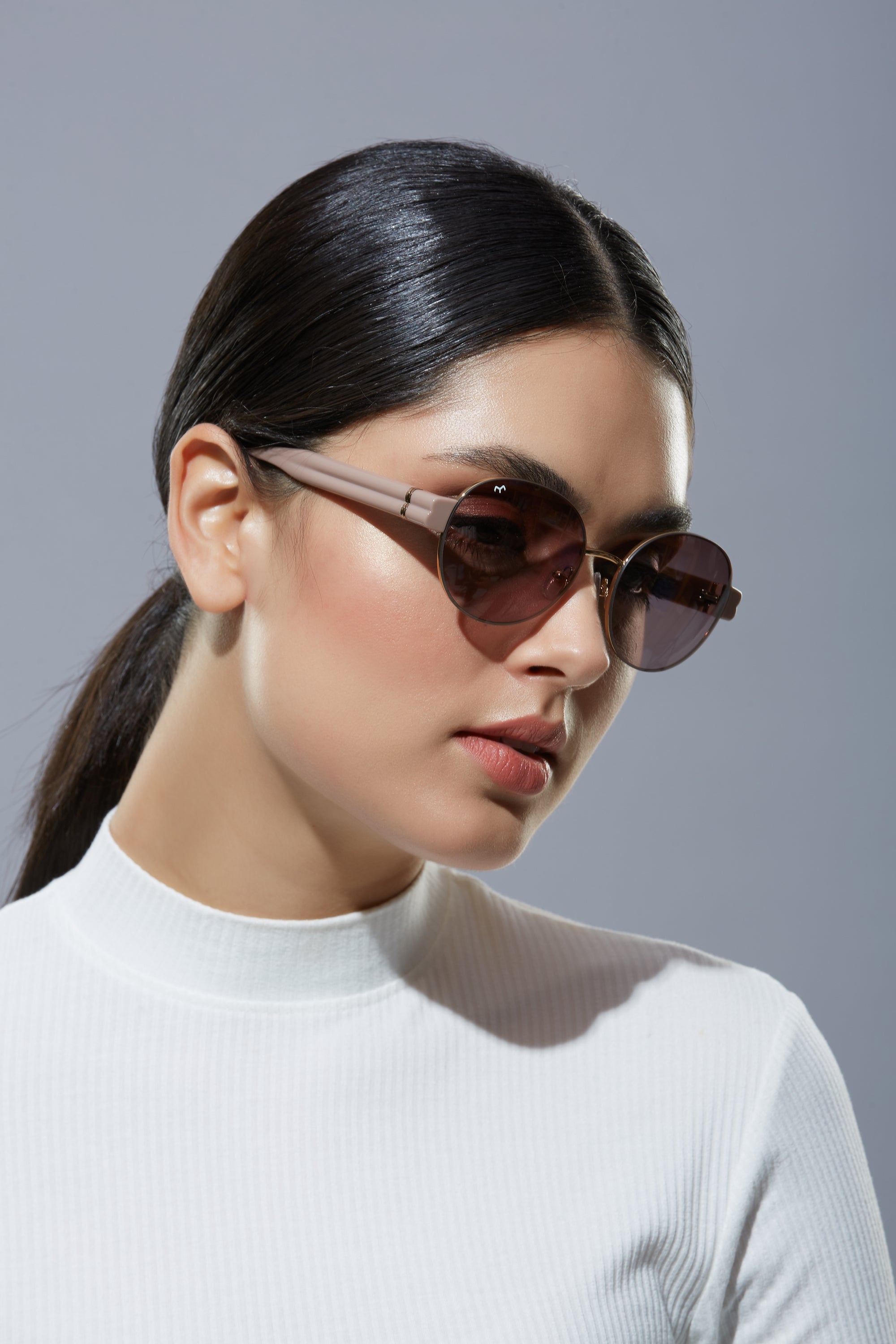 Ellipse - Brown Metal Oval Sunglasses For Women